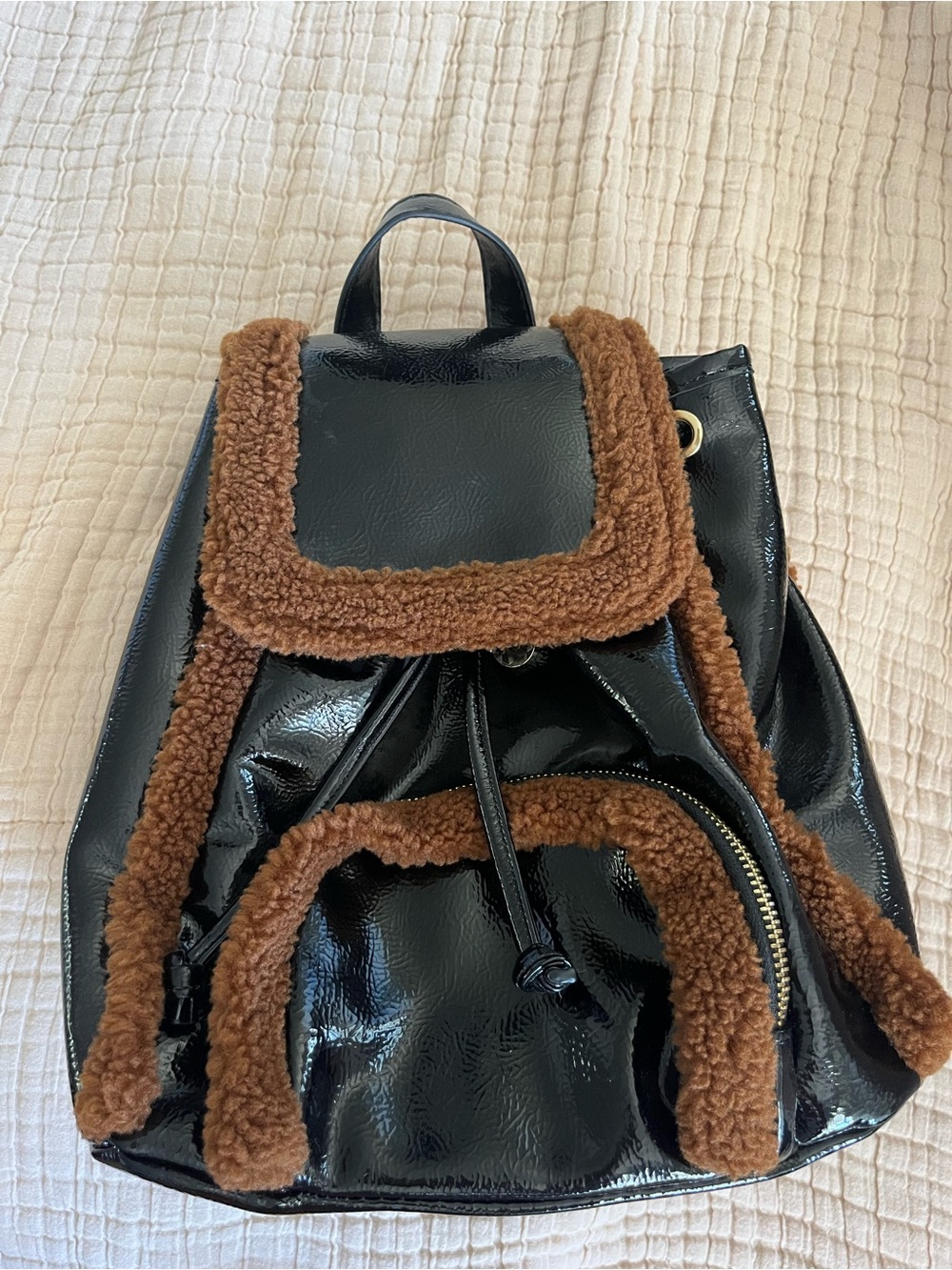 Black Patent Backpack with Brown Shearling Trim